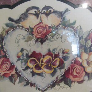 Vtg Home Interiors Joy Alldredge Picture - Chickadees, Heart, Flowers 19 x 13